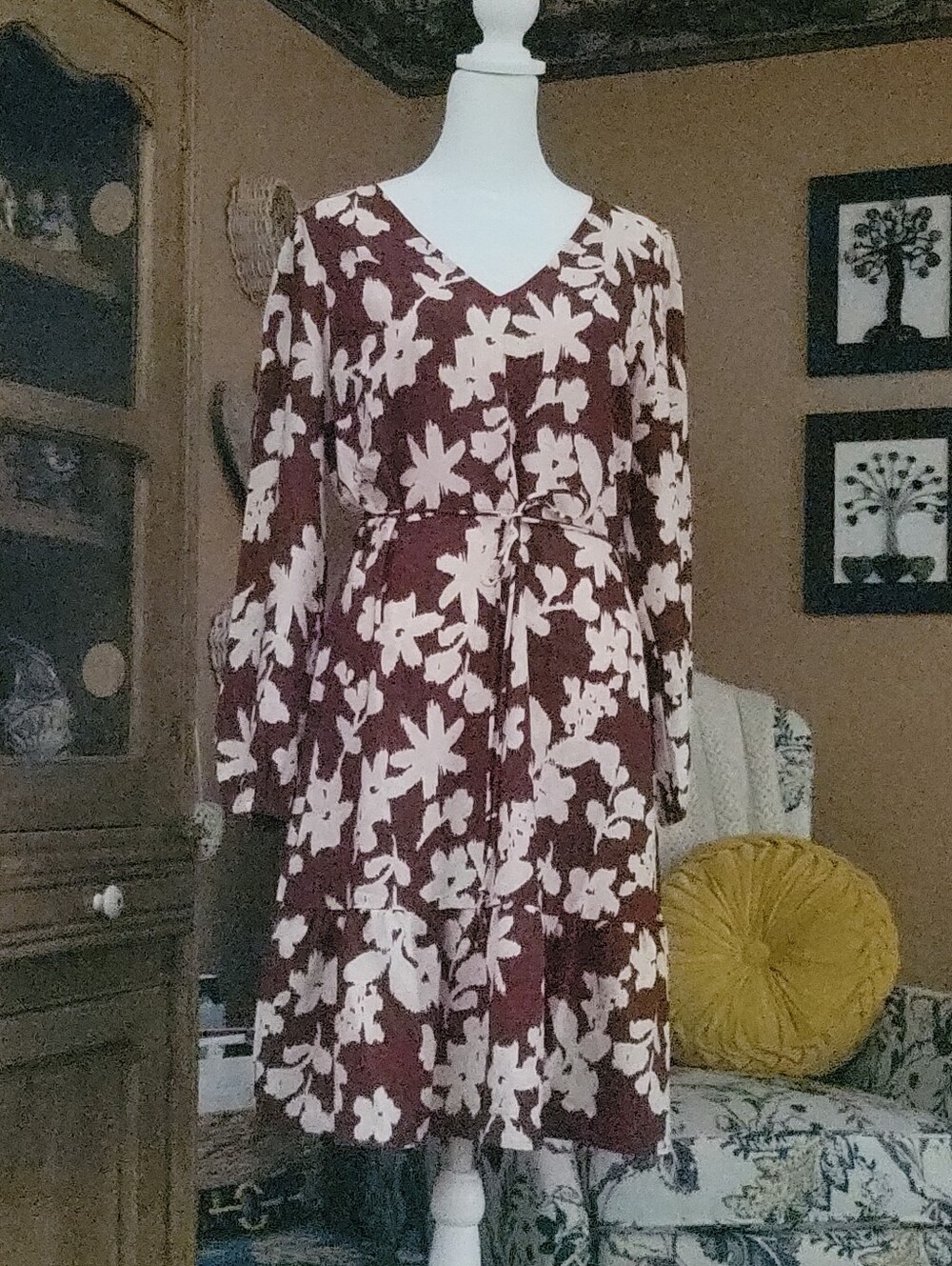 Ann Taylor Factory Floral Tie Waist Midi Dress Rust Ivory Long Sleeve Size 6